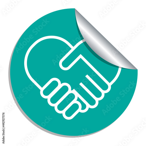 Handshake collaboration heart shape on green sticker circle icon. Business agreement concept. Isolated vector illustration.