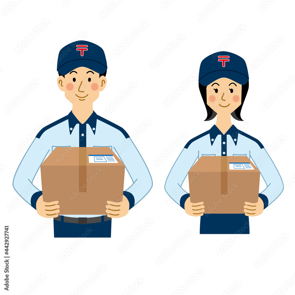 荷物を持つ郵便局員の男女 荷物を持つ郵便局員の男女