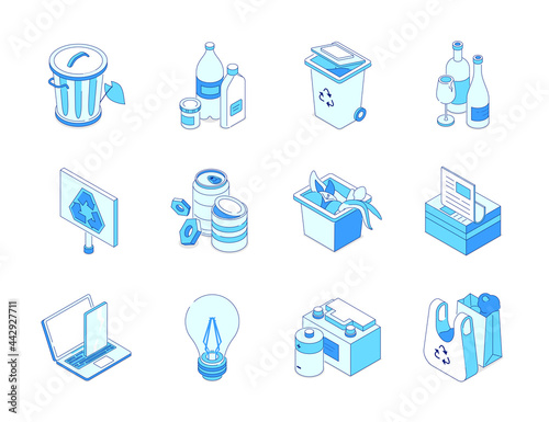 Waste sorting - modern colorful isometric icons set