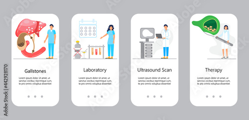 Gallbladder concept app vector. Doctors treat gallstones. Biliary dyskinesia ptoblems