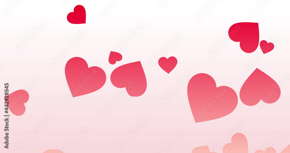 Pink hearts changing to red as they float upwards on a pale pink background