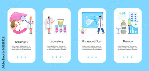 Gallbladder concept app vector. Doctors treat gallstones. Biliary dyskinesia ptoblems