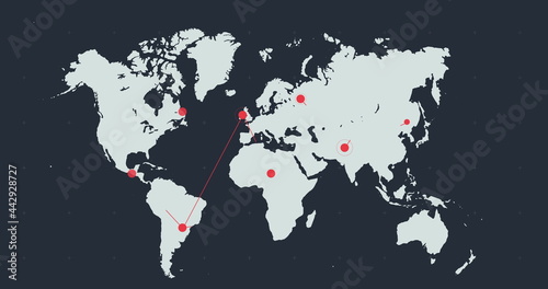 Pale grey world map with moving red network of connected points on dark grey background