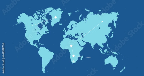 Blue world map with moving white network of connected points on blue background