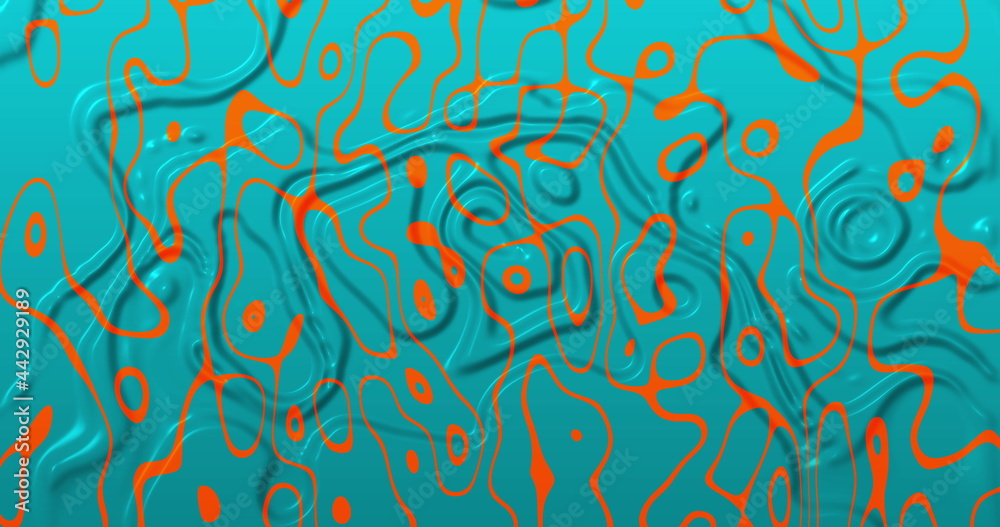 Image of multiple 3d turquoise and orange glowing liquid shapes waving swirling and flowing smoo