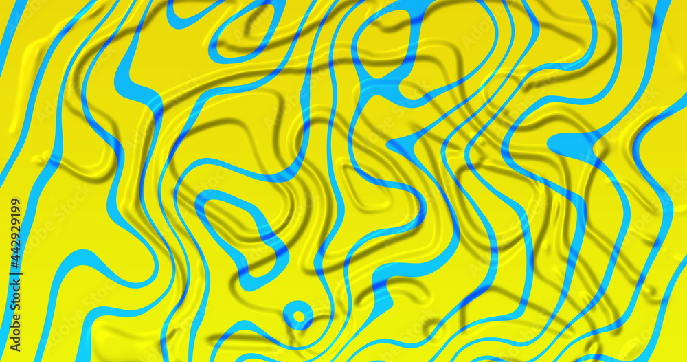 Image of multiple 3d turquoise and yellow glowing liquid shapes waving swirling and flowing smoo