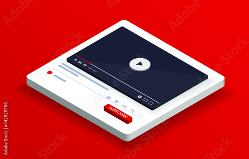 Isometric youtube video player. PC social media interface. Play video online 3D mock up. Subscribe button. Tube window with navigation icon. Vector illustration. photo