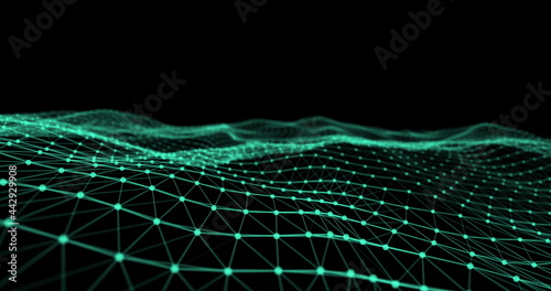 Glowing green mesh waves against black background