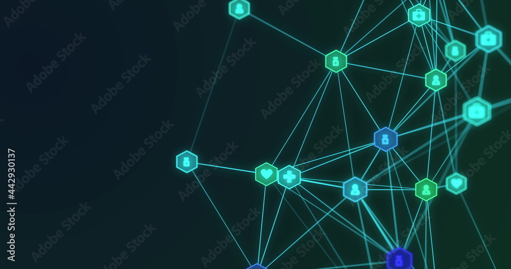 Image of digital interface and globe of network of connections with computer icons on green back Image of digital interface and globe of network of connections with computer icons on green back