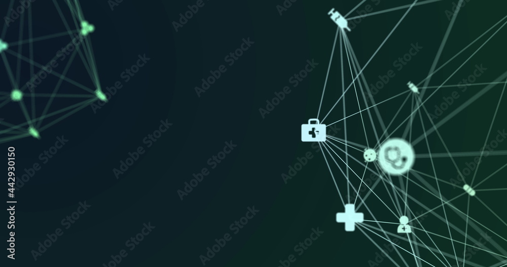 Image of digital interface and globe of network of connections with white icons turning on green Image of digital interface and globe of network of connections with white icons turning on green