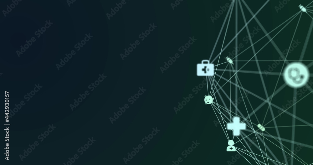 Image of digital interface and globe of network of connections with white icons turning on green