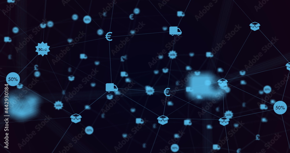 Obraz premium Image of digital interface and network connections with financial and online shopping blue icons