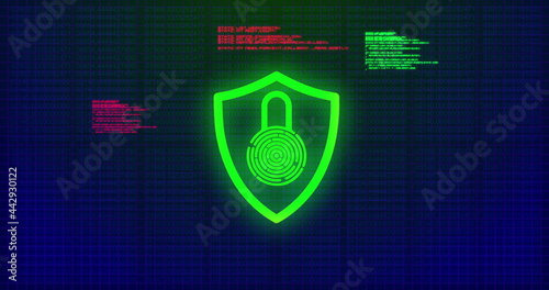 Image of digital computer interface online security red and green glowing padlock icon on blue g