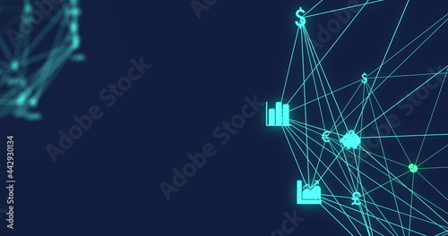 Image of digital interface and globe of network connections with financial and currency icons