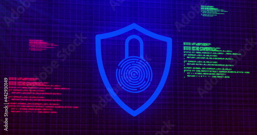 Image of digital computer interface online security blue glowing padlock icon on blue glowing ba