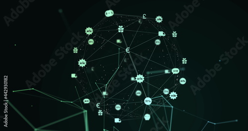 Image of digital interface and network connections with green financial and currency icons on gr