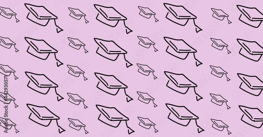 Naklejka premium Composition of multiple graduation hats on purple background