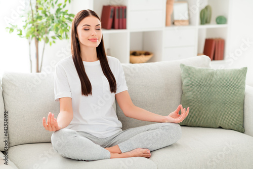 Photo of active peaceful calm focused lady yoga meditation lesson wear white t-shirt sit couch in room indoors