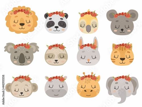 Set of cute animal heads - lion, panda, parrot, mouse, koala, sloth, rabbit, tiger, monkey, hippo, elephant, giraffe. Baby animal in flower wreaths. Hand drawn characters. Isolated vector icons set