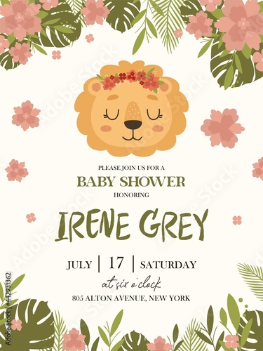 Invitation template for baby shower with cartoon lion and flower and leaves. Hand drawn cute card with safari animal. For girl in scandinavian style.