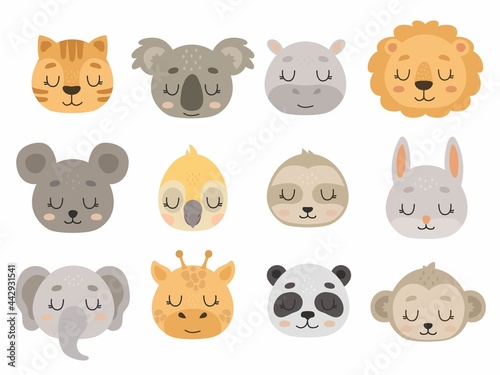 Cute Hand drawn animals vector set. Vector illustrations for nursery design, poster, birthday greeting cards. Lion, panda, parrot, mouse, koala, sloth, rabbit, tiger, monkey, hippo, elephant, giraffe