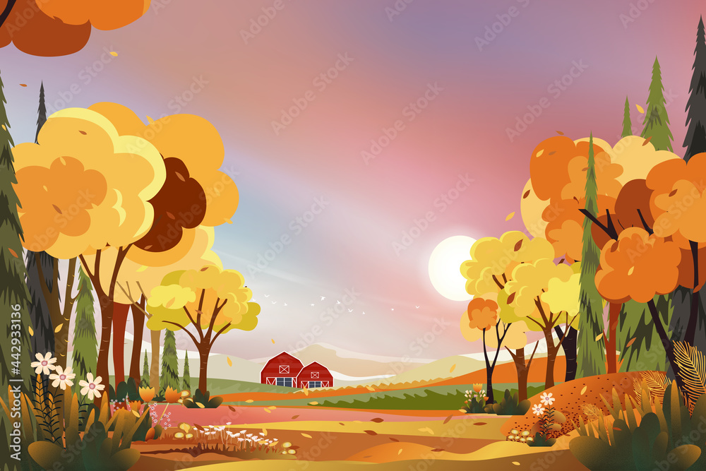 Fantasy landscapes of Countryside in autumn with Pink sky,Panorama of mid autumn with farm field, mountain,wild grass and leave falling from tree in yellow foliage. Wonderland landscape in fall season