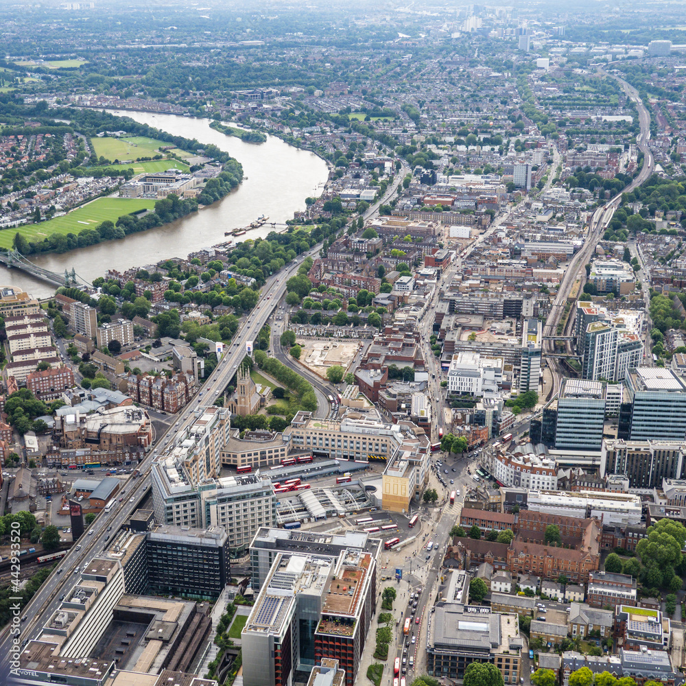 Fototapeta premium London and The River Thames from the air June 2021, Including Hammersmith Bridge