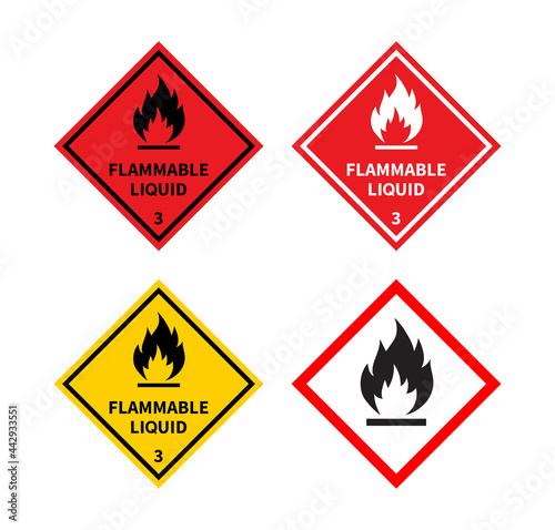 Set of flammable liquid sign on white background. Danger sign. Label, Sticker, Symbol. Vector illustration. photo