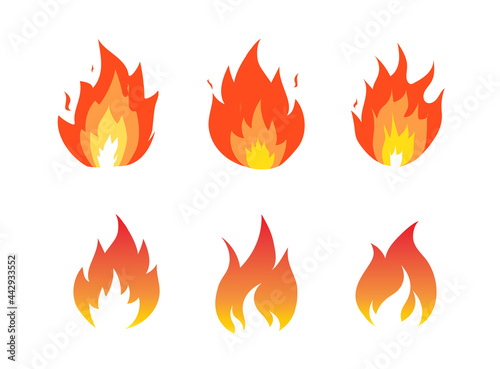Red and orange fire flame. Hot flame energy on white background. Set of campfire icon. Vector illustration