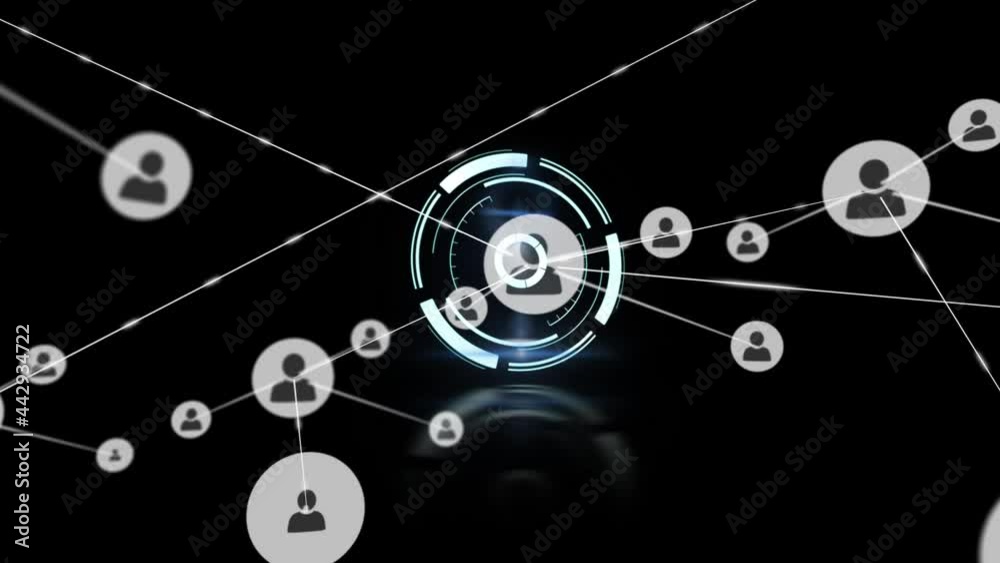Animation of rotating safe lock with network of connected people icons on black background
