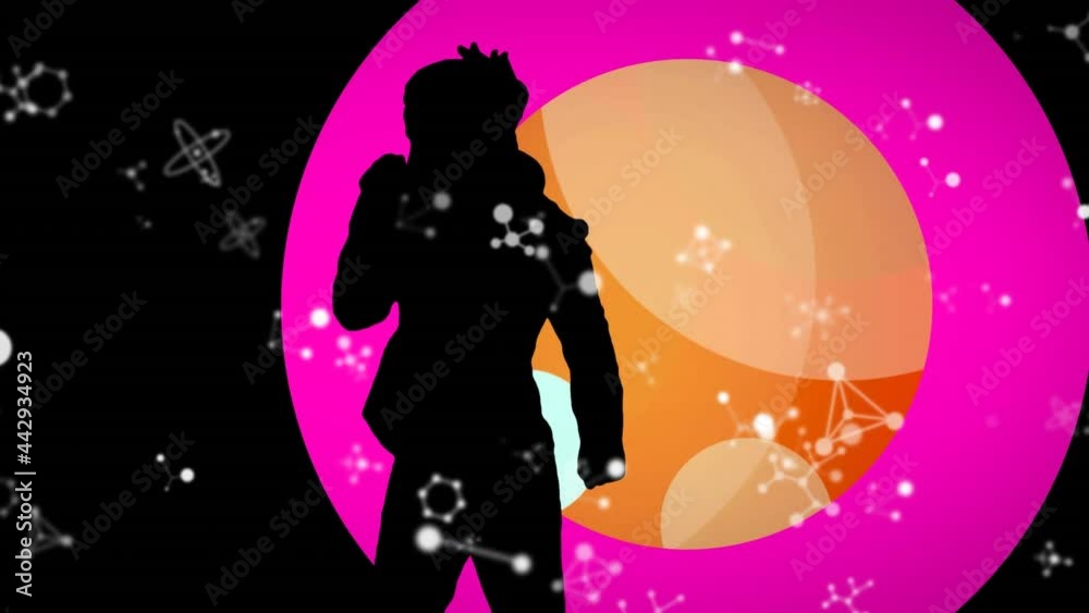 Animation of molecules over woman dancing on pulsating circles Animation of molecules over woman dancing on pulsating circles