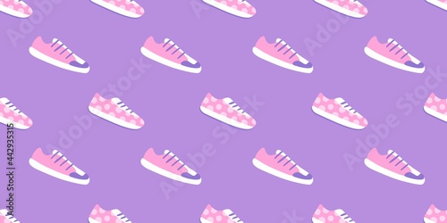 Sneakers, seamless vector pattern with pink sneakers on a lightpurple background. 