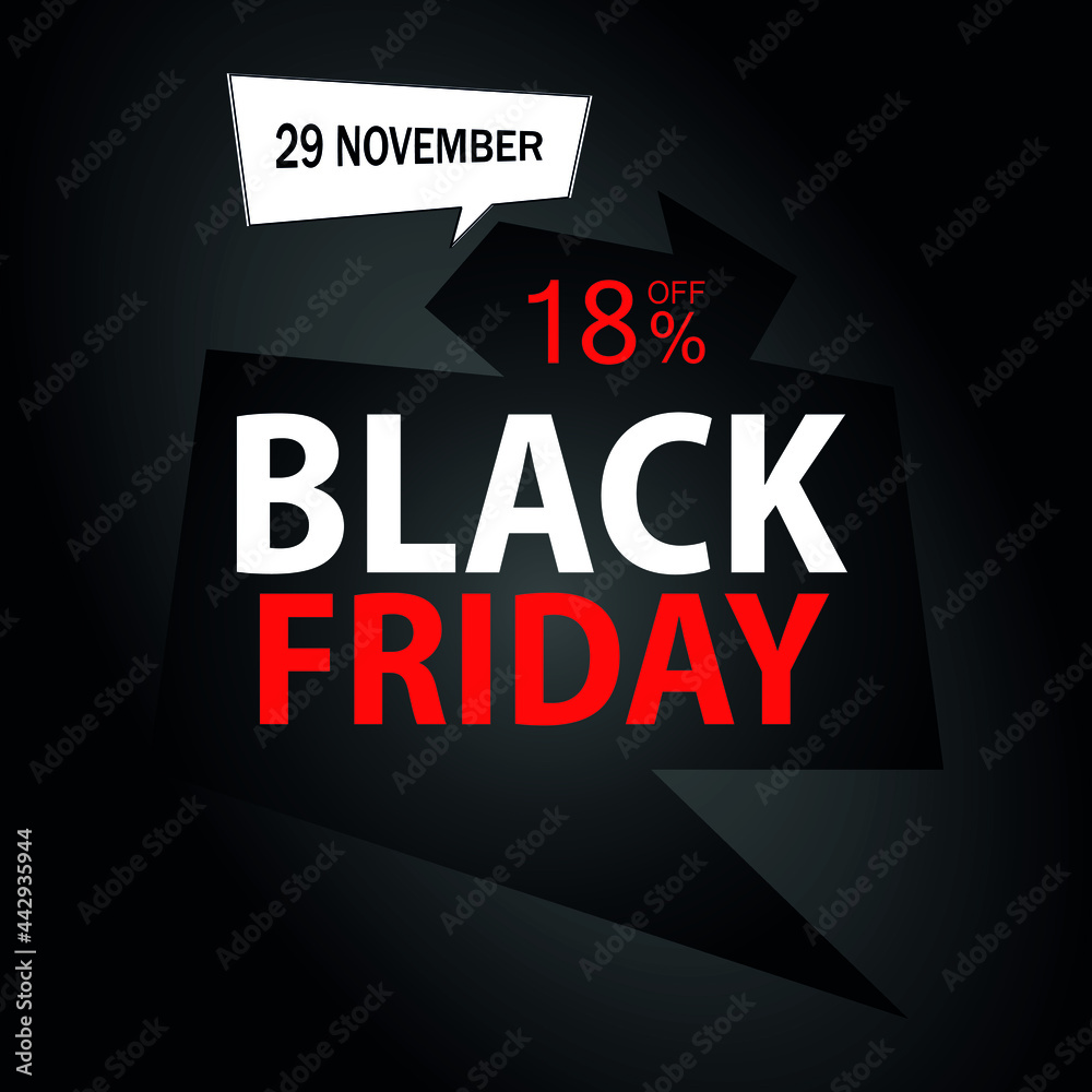 18% off on Black Friday. Black banner with eighteen percent off promotion for november.