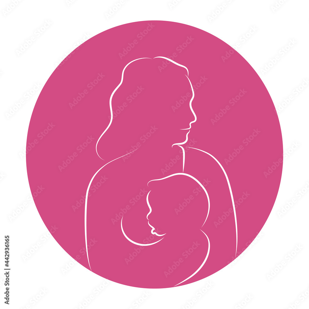 Mother breastfeeding her baby. Breastfeeding woman concept. Lactation. Line drawing on pink background. Minimalist style. 