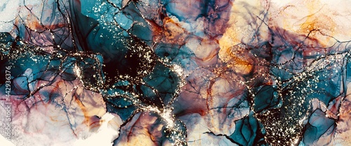 Coloured universe abstract background, alcohol ink background with gold glitter, hand painted cloudy art, liquid marble, watercolour fluid design