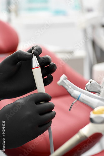 Dentist's office: modern equipment and instruments. Treatment in a dental clinic. Close-up.