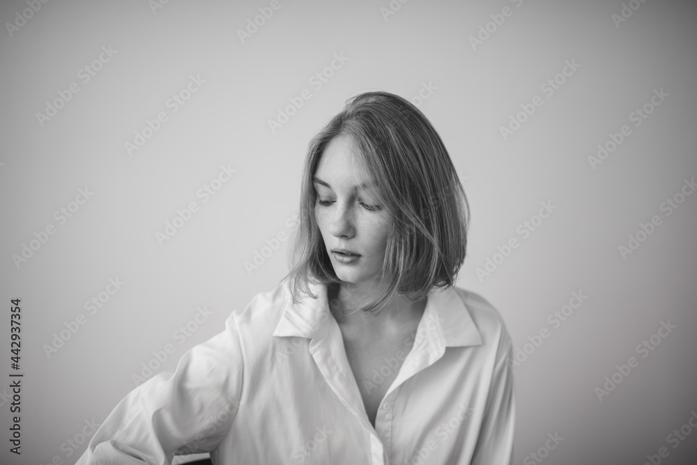 Girl model tests. Black and white photo. Girl model tests. Black and white photo.