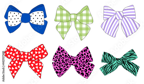 Bows vector illustration. Ribbons bow leopard spots plaid hearts stripe