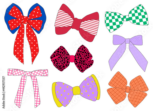 Bows vector illustration. Ribbons bow plaid spots stripe