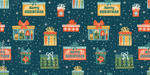 Christmas and Happy New Year seamless pattern with gift boxes. Vector design template.