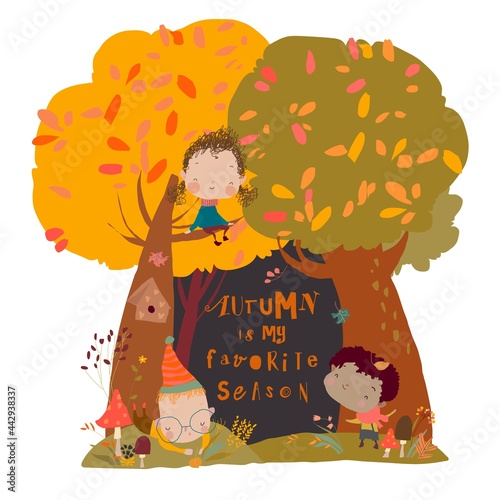 Cute Cartoon Children having fun in Autumn Forest
