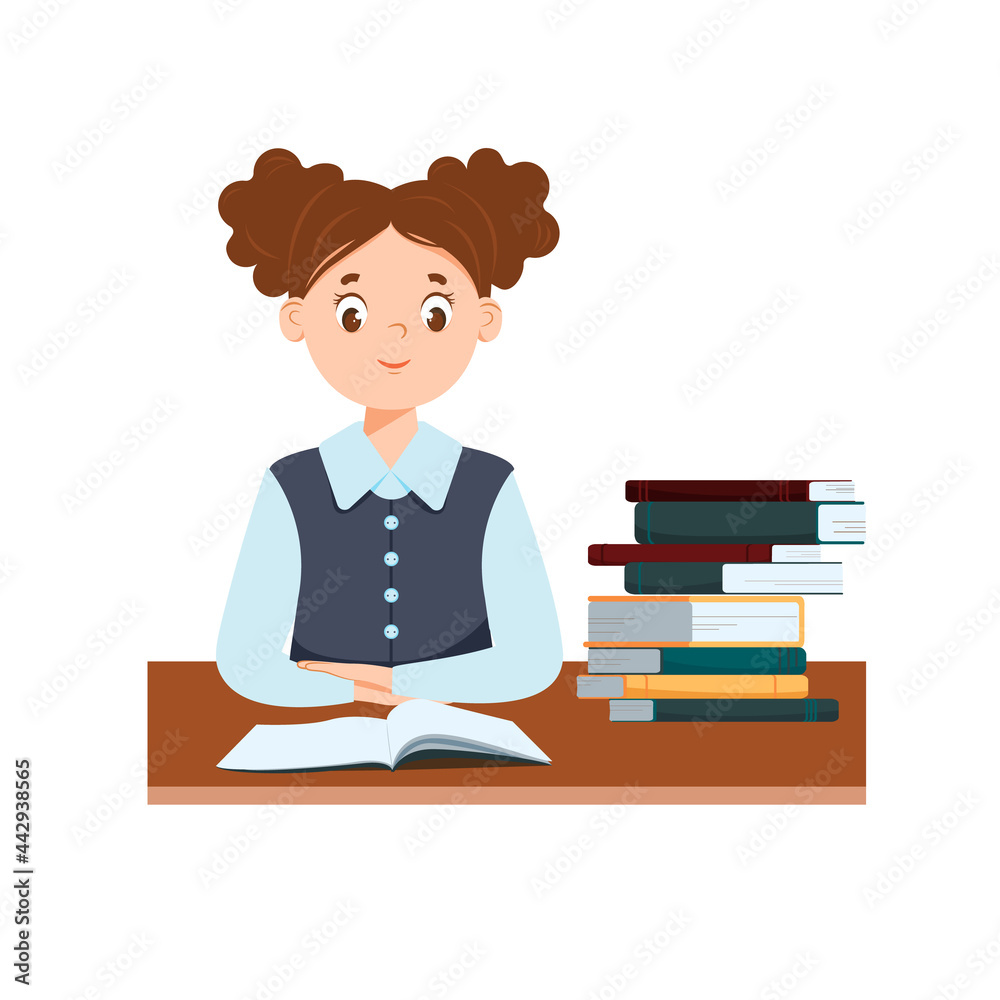 A cute schoolgirl is sitting at her desk. There are books on the table. The book is open. Hands are folded. Gray red. Isolated on a white background. Flat style. Concept.. Vector illustration