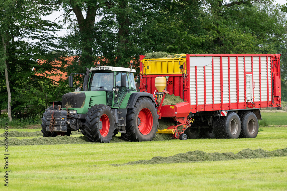 Picking up dried grass for silage with a green tractor and red loader wagon. Picking up dried grass for silage with a green tractor and red loader wagon.