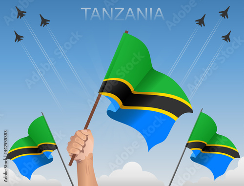Tanzania flags flying under the blue sky 