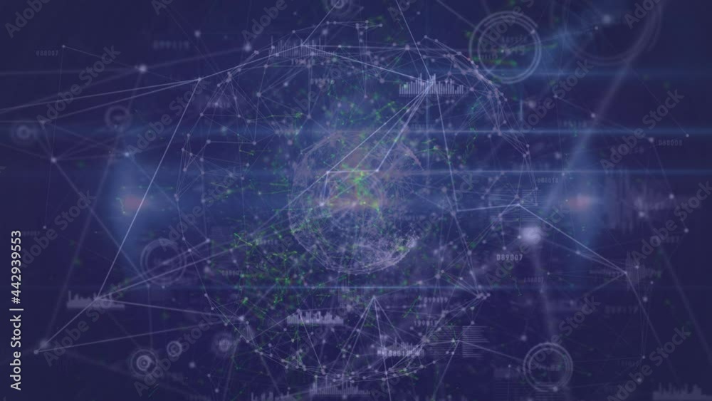Animation of networks of connections over statistic purple background