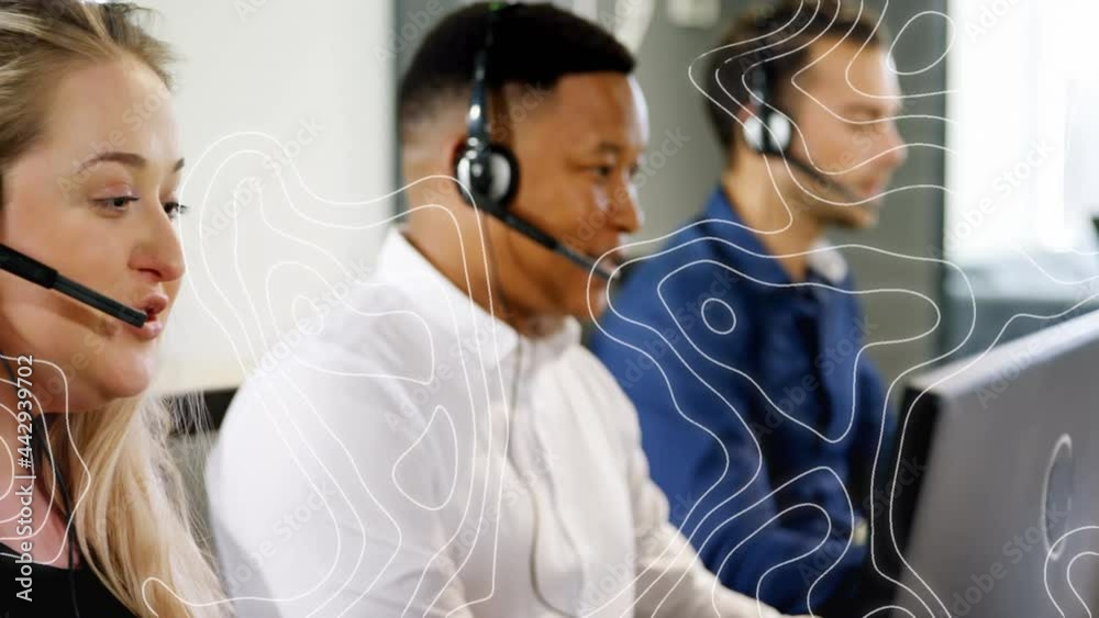 Animation of network of connections over office workers wearing headsets