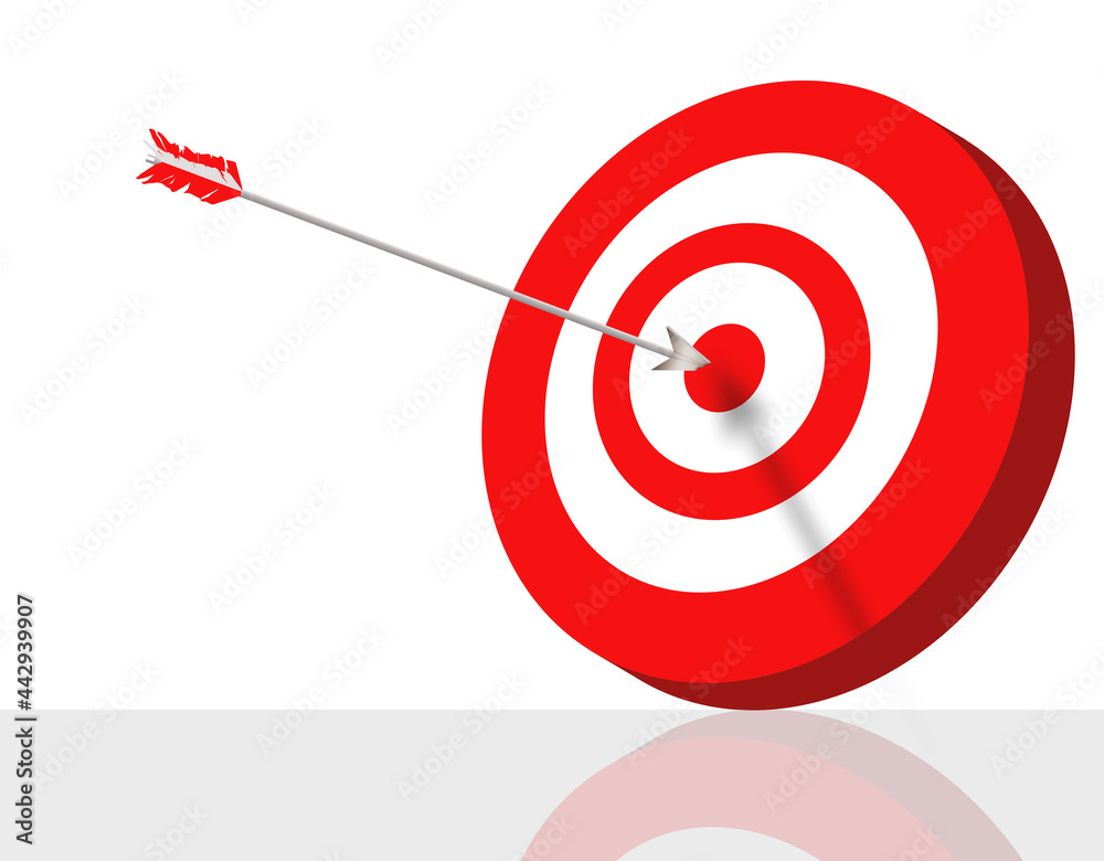 A red and white arrow is stuck into the bullseye of a red and white striped circular target in a 3-d illustration about business.