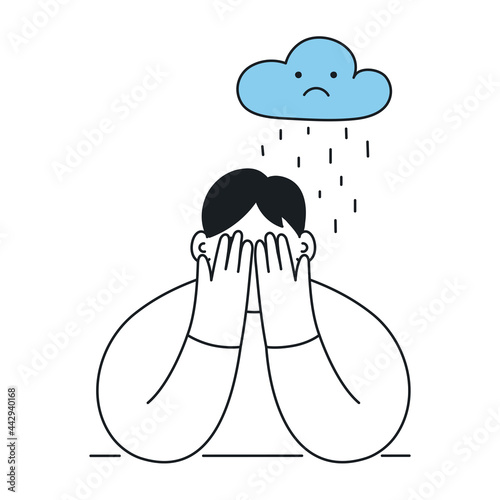 Crying girl and raining cloud. Sad mood, sadness, longing concept. Thin line isolated elegant vector illustration.