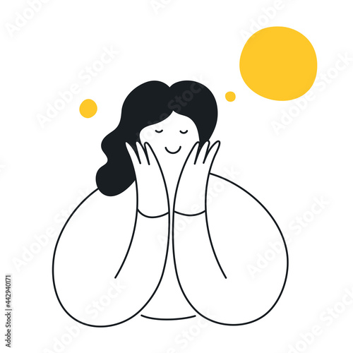 A beautiful woman dreaming about something pleasant, exciting, and admired. Elegant girl with dream bubbles and a smiley face. Thin line elegant vector illustration.