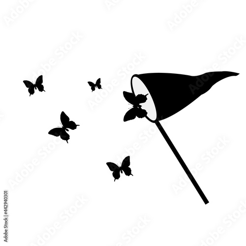Silhouette image butterfly net and butterflies
